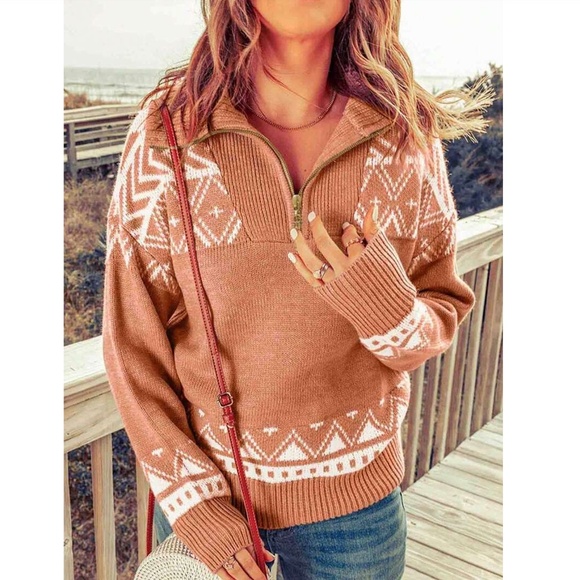 Nordic Print White Thick Knit Pullover Sweater Zip Collar - Picture 8 of 9